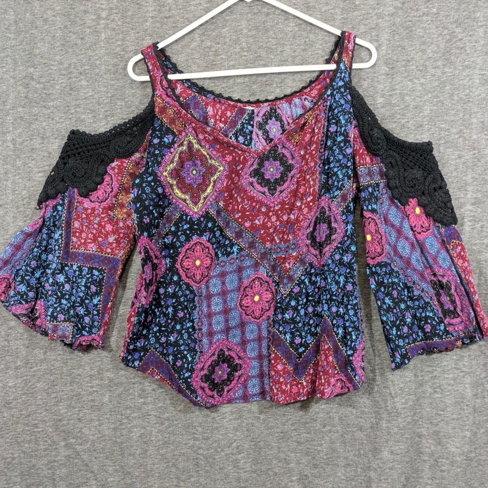 Cold Shoulder Boho Gypsy Hippie Womens Top Handkerchief Patchwork Crochet Size L